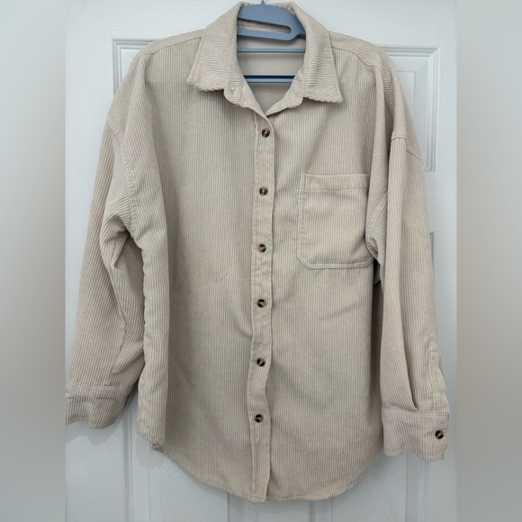Beige Corduroy Button-Up Shirt Flannel Jacket - Picture 1 of 4